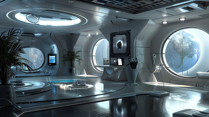 Design a futuristic art gallery featuring holographic and interactive exhibits.