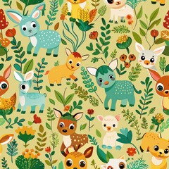 Obraz premium Seamless pattern of baby animals frolicking in meadows, Generative AI