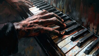 The image is a painting of a pianist playing the piano - obrazy, fototapety, plakaty