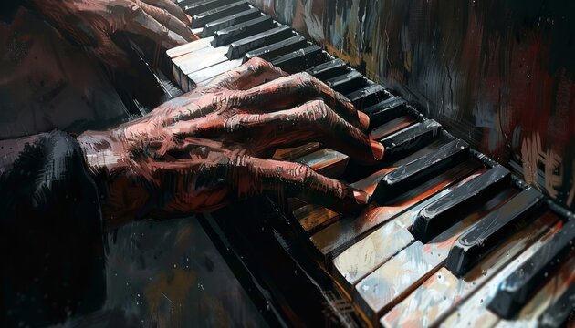 The image is a painting of a pianist playing the piano