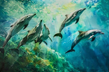 Amazing photo of dolphins jumping out of the water. Dolphins are very intelligent and friendly creatures.