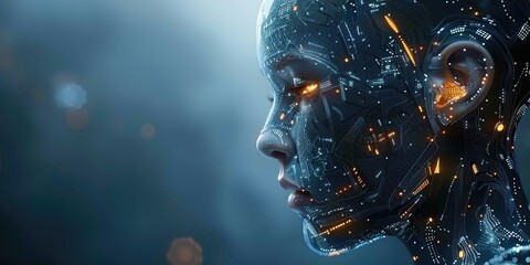 A womans face with futuristic features and glowing lights emanating from various parts, showcasing high technology and artificial intelligence