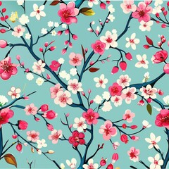 Seamless pattern of blooming cherry blossoms adorning branches, Generative AI