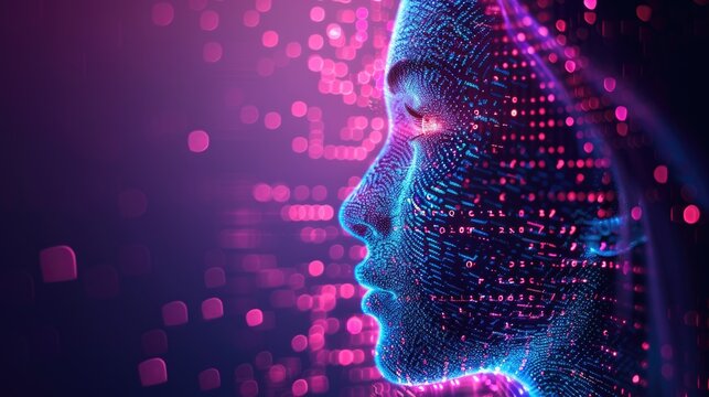 A persons face digitally rendered within an infinite matrix of binary code, creating a futuristic and technological backdrop