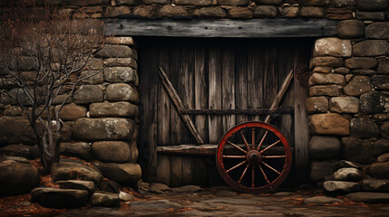 Obraz premium An old wooden wagon wheel leaning up against a stone wall