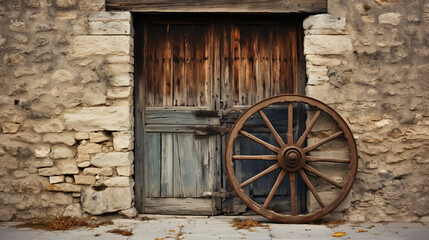 Obraz premium An old wooden wagon wheel leaning up against a stone wall