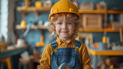 A young boy wearing a construction hat, holding a toy hammer and pretending to build something. - Powered by Adobe