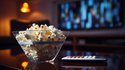 Close up of bowl of popcorn and remote control with tv works on background. Evening cozy watching a movie or TV series at home.