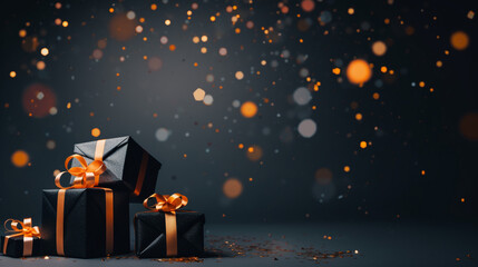 Black friday gift, paper box with silk ribbon bow on black paper background with copy space for text