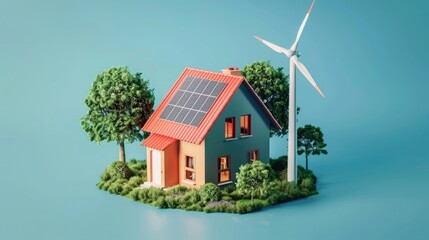 Generate an isometric 3D rendering portraying an energy-efficient home equipped with solar panels and a wind turbine