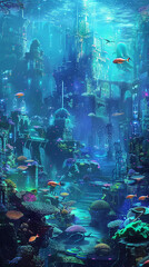 A surreal underwater cityscape with ancient ruins and colorful coral reefs, inhabited by exotic sea...