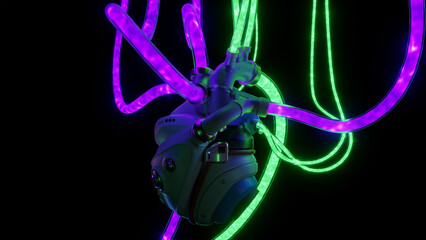Robotic heart with neon fluid in black background