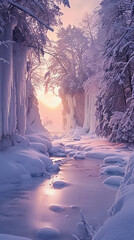 A surreal winter wonderland with snow-covered trees and frozen waterfalls, bathed in the soft light of a winter sunset