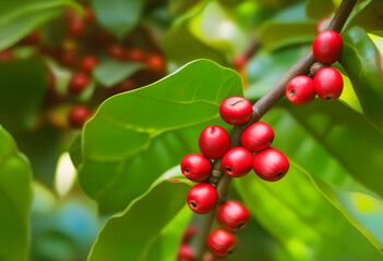 Obraz premium A close-up shot of coffee beans growing on a tree with vibrant green 