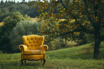 Vintage yellow chair on green grass with trees on background - generative ai