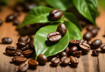 A top view of coffee beans on a wooden background with green leaves scattered around them