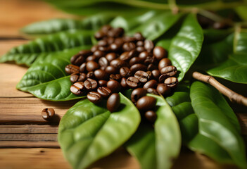 A top view of coffee beans on a wooden background with green leaves 