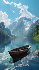 A tranquil mountain lake surrounded by towering peaks, with a small wooden rowboat drifting peacefully on the glassy surface