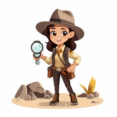 A girl in a hat and vest holding a magnifying glass