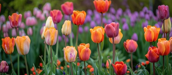 A diversity of tulips in full bloom in a garden during the spring season.