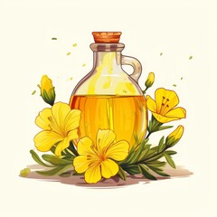 A bottle of oil is surrounded by yellow flowers