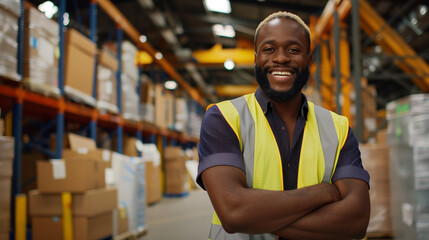 Joyful African American warehouse worker in safety vest