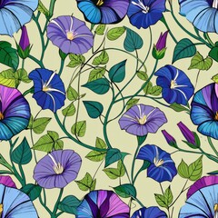 Seamless pattern of dew-kissed morning glories climbing on fences, Generative AI