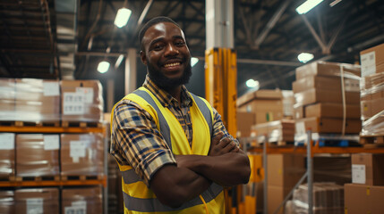 Confident African American warehouse employee in safety vest