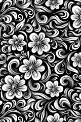A black and white floral patterned background with white flowers