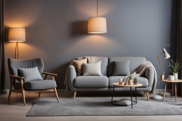 Interior of living room with cozy grey sofa, armchair and glowing lamps