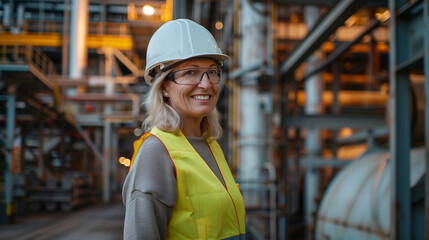 Senior female engineer in safety gear smiling at industrial site