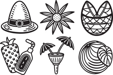 Set of black and white monochromatic summer icons. Vector illustration.