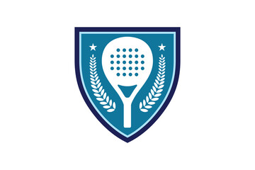 Padel racket with shield icon logo vector design illustration