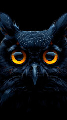 A black owl with yellow eyes staring at the camera