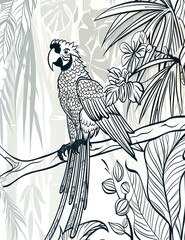 Fototapeta premium A black and white drawing of a parrot sitting on a branch in a jungle