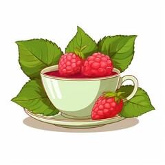 A cup of tea with three raspberries on top of it