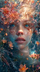 Caravagio surreal lovely woman face with colour eyes shine and background flowers, created by ai