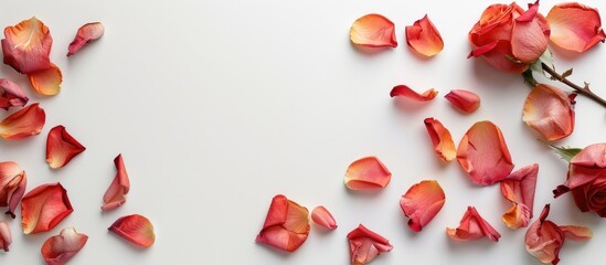 A rose blossom and petals displayed on a blank white surface. Space available for text. Implies a feminine theme. Top-down perspective for mock-up.