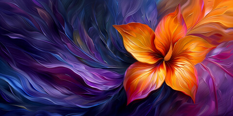 A floral painting on purpleblue background capturing the beauty of a flower