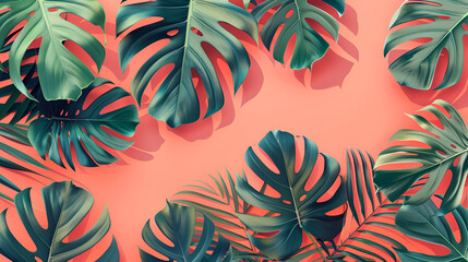 Monstera leafs lay on pink background ,generative ai