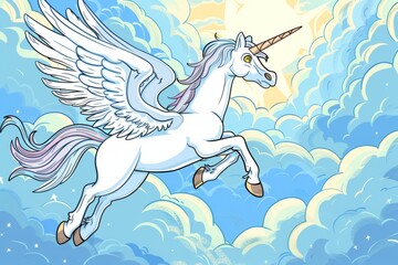 Cartoon cute doodles of a majestic Pegasus soaring through the clouds, its wings outstretched as it races the wind, Generative AI