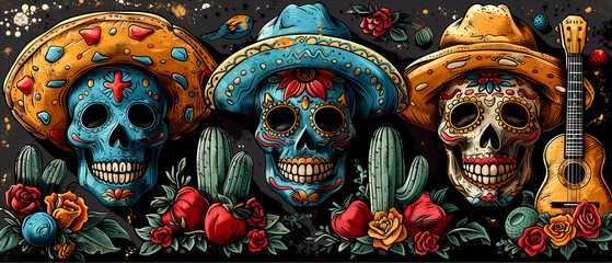 Three skulls with hats and a guitar on the right