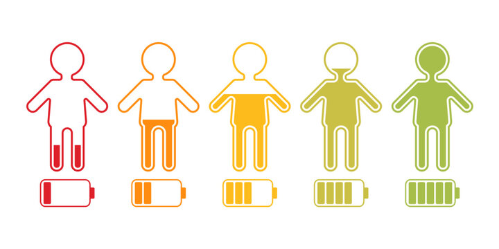 Vector person battery charging icons set. Concept of business, mood, emotion, depression, success, idea.