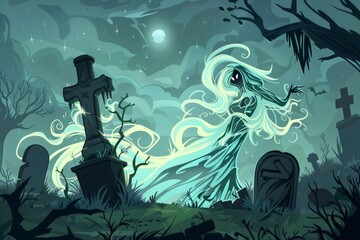 Cartoon cute doodles of a mystical banshee haunting an ancient graveyard, her ethereal form surrounded by wisps of ghostly light, Generative AI