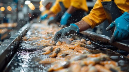 Eco-Friendly Processing: A captivating real-world photograph illustrating environmentally friendly practices in seafood processing for global markets