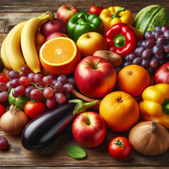A close-up view of a rustic wooden tray overflowing with a variety of fresh fruits and vegetables