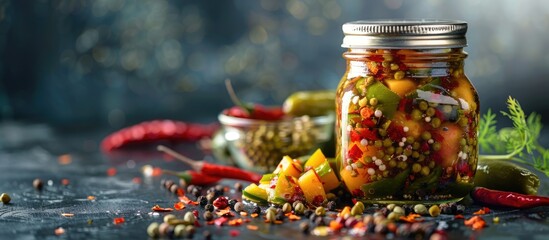 Homemade spicy mango pickle made with raw green mango, salt, red chili powder, oil, and fenugreek seeds. Moody background with copy space. - Powered by Adobe
