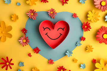 Cheerful paper cut of a red smiling heart surrounded by colorful flowers on a blue heart-shaped cutout against a yellow background, Concept of love, happiness, and joyful celebration.