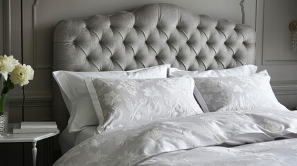 Intricately patterned Egyptian cotton sheets in a soft shade of dove grey are smoothed to perfection on a massive kingsized bed with a tufted headboard.