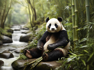 A giant panda bear sits contentedly in a dense bamboo forest.